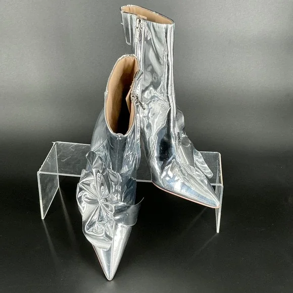 Sam Edelman Size 8 Silver Metallic Pointed Esmae Ankle Bootie Bow Stiletto Boots